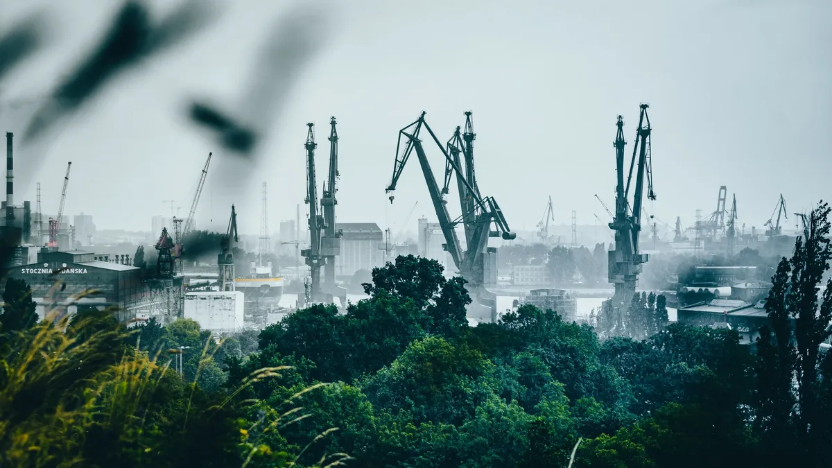 A cityscape with a cluster of cranes and trees in the foreground.